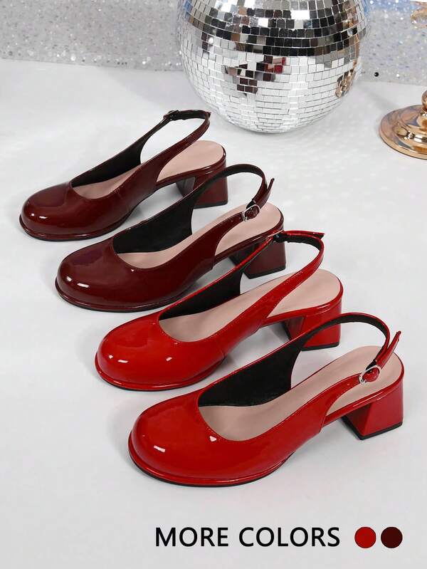 New Round Toe Rimmed Design Mary Jane Women's Sandals, Vintage Patent Leather High Heel Pumps! Round Toe Backless One-Strap + Chunky Heel Design, Retro-Chic Vibe~ Suitable For Dates And Commuting, Wear Them And You'll Be The Center Of Attention, This Red Mary Jane Shoes Have A Sweet & Chic Style, A Fashionable Must-Have For Commuting And Dates