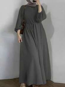 Arabic Style Long Sleeve Round Neck Maxi Dress, Made Of Comfortable Woven Fabric Eid Spring - Dark Grey - View 4