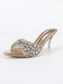 Damen High Heel Schuhe, runde Zehenform, bequemer transparenter Absatz, luxuriöse funkelnde Strass, geeignet für Party und Veranstaltungen