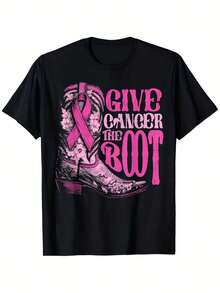 "Give Cancer The Boot" Breast Cancer Awareness Graphic T-Shirt - Men's 100% Cotton 180gsm Regular Fit S-XXXL, Retro Rodeo Design With Pink Ribbon And Cowboy Boots, All-Season Casual Wear For The Gym, Outdoor Activities, And Sports Fans - 黑色 - 查看 6