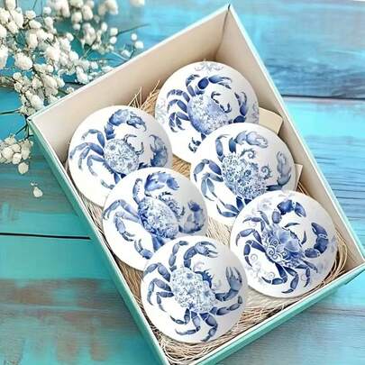 6 pezzi Sottobicchieri in legno, motivo granchio blu e bianco - Resistenti al calore, materiale non scivoloso per cucina, patio, salotto - Facili da pulire, regalo perfetto per amici e famiglia, sottobicchieri per mobili, design a tema marino, materiale resistente alle alte temperature, accessori da esterno, stile marino, adatti agli amanti del mare, venduti in set da 6, 1800 pezzi in 300 set