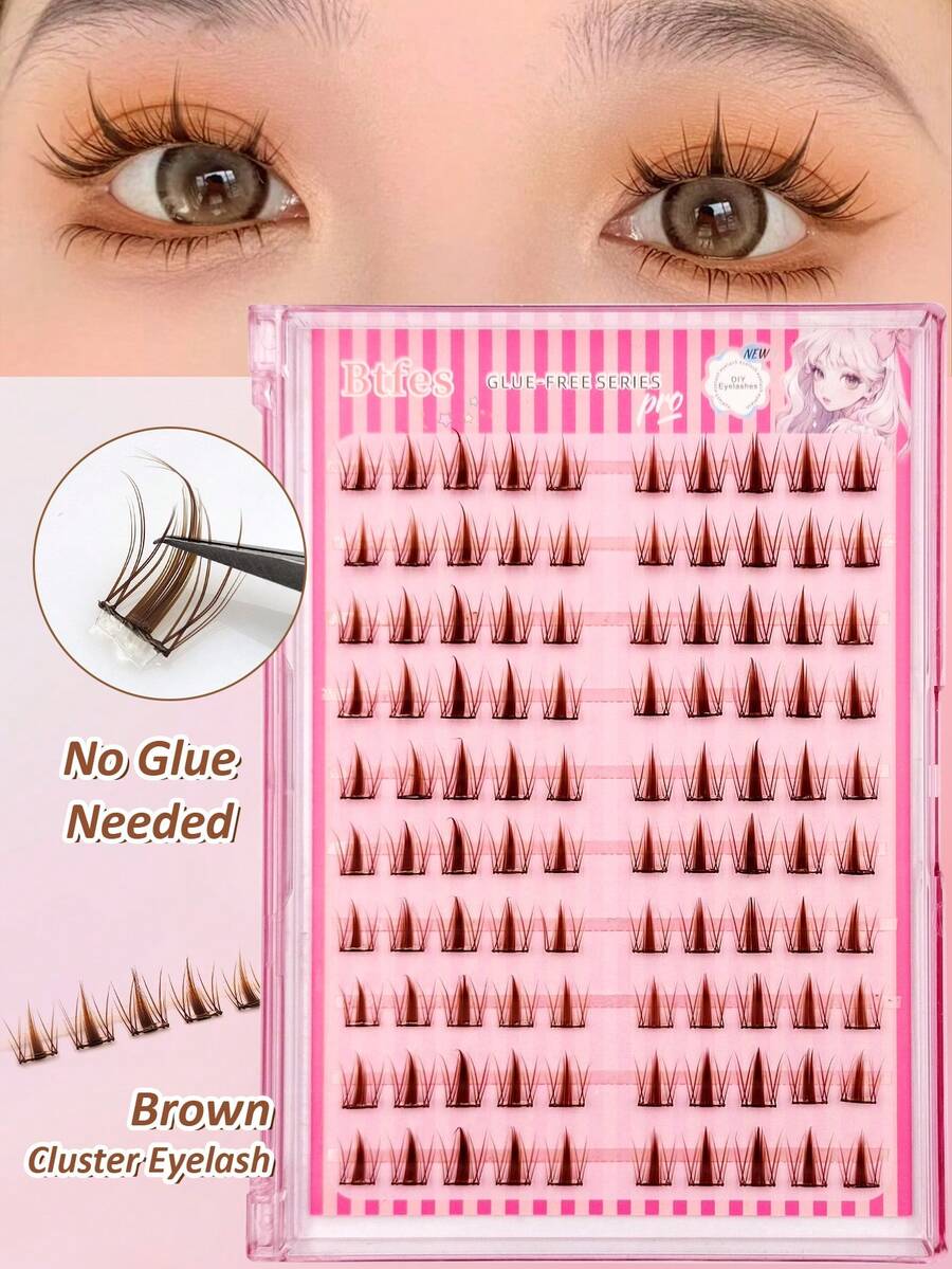 Sibeuna 100/200/300pcs Self-Adhesive Brown Cartoon Eyelashes, Brown Cluster Self-Adhesive False Eyelashes, Natural Soft C-Curl, No Glue Needed, No Makeup Removal Required, Spiky Cartoon Eyelashes - C - 查看 1