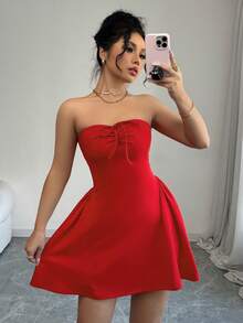 abyoxi Wearing A Cute And Sexy Strapless Bow Dress For Wedding Season - Chinese Red - View 6