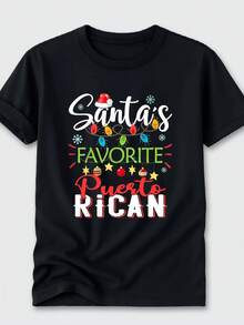 Camiseta de Navidad de Puerto Rico Favorita de Santa para Hombres - Cuello Redondo Negro de Manga Corta con Colores de la Bandera Puertorriqueña y Letras en Español, Impresión Festiva de Vacaciones con Diseño de Mapa de Santa y Puerto Rico, Ropa Casual para Todas las Estaciones, Regalo Amigable para Viajes para Papás, Amigos, Ropa de Herencia Puertorriqueña, Atuendo de Fiesta de Navidad, Camiseta de Adulto de Corte Regular con Impresión Vibrante de Tema Festivo, Perfecta para Atuendo Casual y Regalos, Ideal para Hombres y Papás, Camiseta de Cuello Redondo Festiva con Favorito de Santa - Negro - Ver 2