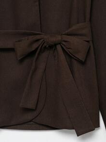 女式纯色长袖休闲亚麻腰带圆领夹克，秋季 - 棕色 - 查看 4