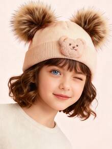 3 pezzi Set di berretti invernali lavorati a maglia per bambini, cappello lavorato a maglia con orecchie di orso e doppio pon pon, adatto per l'uso quotidiano dei bambini e per il ritorno a scuola - Multicolore - Visualizzare 2