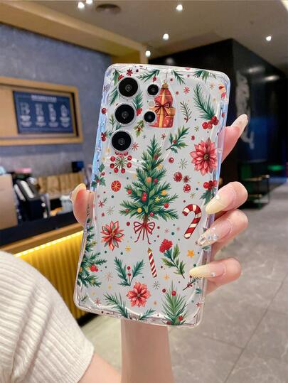 1pc Minimalist Christmas Tree & Element Pattern Frosted Wavy Thick Anti-Drop Perforated Lens Protective Phone Case Compatible With IPhone 17/17 Pro/17 Pro Max/17 Air/16/11/16 Pro/16 Plus/16 Pro Max/16e/15 Pro Max/13/14/12/11/7G/8P Anng Galaxy, Redmi, OPPO, VIVO, Transsion