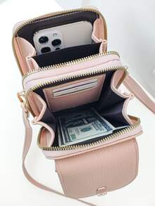 Bolso de mensajero, una bolsa multifunción de gran capacidad con doble capa y cremallera, cartera para teléfono móvil, imagen suave y sencilla de moda, para ocio, vacaciones y citas - Rosa Pálido - Ver 5
