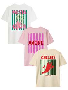 3pcs/Set Summer New Minimalist Chili Pepper Design Print Casual Round Neck Short Sleeve T-Shirt, Fashionable & Versatile Women Tops - White, Pink and Apricot - View 3