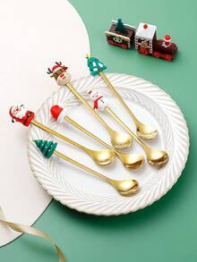 6pcs Christmas Gift Celebrating Home Party Dessert Coffee Spoon,Kitchen,Christmas Gift - Multicolor - View 3