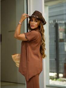 Women's Asymmetrical Set, Casual, Eleganndy, Irregular Fabric, New Year's Eve Party - Màu nâu Sô-cô-la - Xem 4