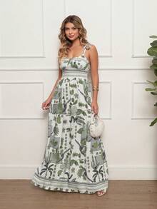 ANLE MODAS Women's Long Dress All-Over Print Plants Leaf Gathered Knot Ruffle Hem Holiday Wedding - 墨綠色 - 查看 8