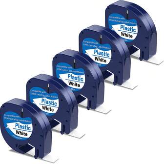 5 Packs Compatible DYMO LetraTag Label Tape Refills 91331 91330 91332 91333 91334 91335, Black On White Plastic Tape 12mm X 4m (1/2" X 13'), Compatible With DYMO LetraTag 200B, LT100H, LT100T, Replacement Label Tapes For Home Office School Use