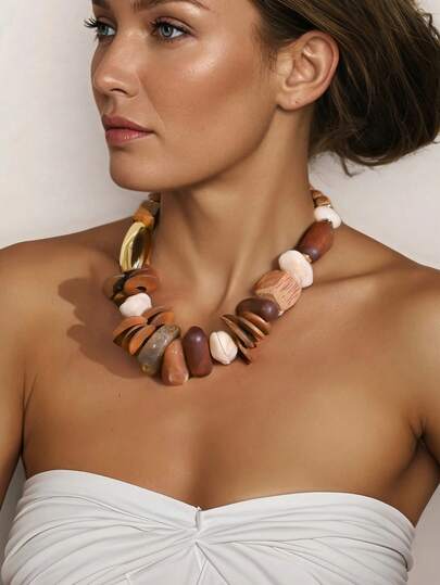 1pc Vintage Bicolor Irregular Pearl & Golden Bead Splice Necklace, Exaggerated Personalized Choker, Fashionable Attractive Accessory