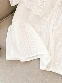 Women's Patchwork Embroidered Peter Pan Collar Mesh Puff Sleeve Single-Breasted Autumn Blouse - White - View 4