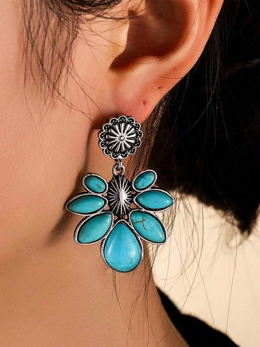 1 Pair Retro Bohemian Style Flower & Turquoise Teardrop Earrings, Classic Women Jewelry - Multicolor - View 1