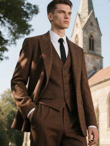 Mens Vintage Suit 3 Pieces Slim Fit Formal Tweed Blazer Peak Lapel Herringbone Wedding Prom Tuxedos Groomsmen - màu nâu - Xem 5