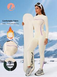 Leorrey 1 Set Damen nahtloser modischer Outdoor-Ski, Fitness, Workout, Laufen Langarm-Oberteil und lange Hose Sportanzug Ski-Outfit