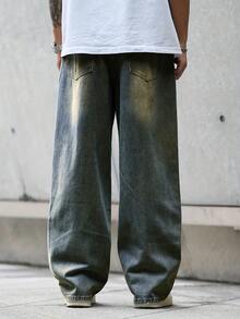 男士休闲复古宽松蓝色牛仔裤 - 深色水洗藍 - 查看 2