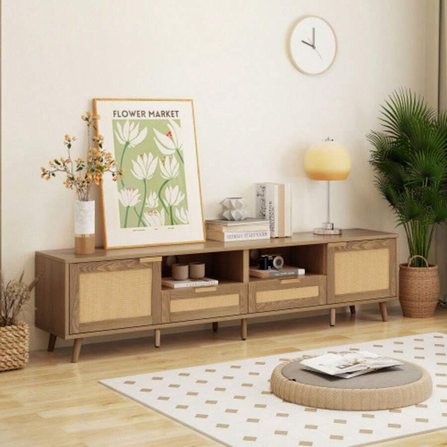 (=N625P237970971A)Supporto TV, 200*37*49 cm, Supporto TV Kunststoff Rattan Design, Supporto TV Massivholz Füße, Pannello TV in rattan - Colore del legno - Visualizzare 1