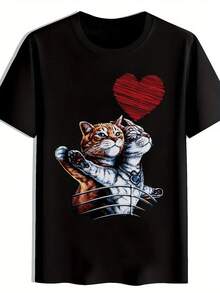 Camiseta Casual de Manga Corta para Hombre - Impresión de Tiburón y Gato de Dibujos Animados, Tela Transpirable, Ropa de Calle Cómoda para el Verano, Cuello Redondo, Ajuste Regular, Camiseta de Uso Diario| Camiseta gráfica divertida| Ajuste cómodo - Negro - Ver 2