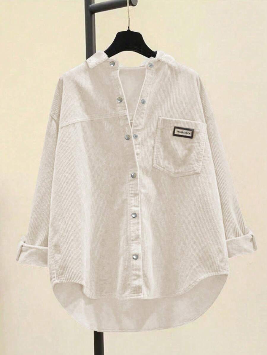 Áo sơ mi nữ bằng vải nhung kẻ, áo khoác cardigan dài tay dáng rộng thời trang, áo sơ mi cỡ lớn có túi cho mùa thu năm 2024. - Quả mơ Asa - Xem 1