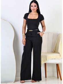 Kit 2 Calça Pantalona Alfaiataria Social Feminina Elegante C/ Cinto - Preto / Cinza - Visão 4