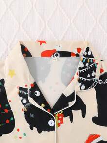 2pcs/Set Boys & Teens Casual Cartoon Cat Animal Print Lapel Long Sleeve Cardigan And Pants Sleepwear Set, Flame Retardant, Suitable For Christmas & All Seasons