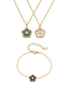 1pc 18K Gold Plated Stainless Steel 5-Leaf Flower Cubic Zirconia Necklace & Bracelet Jewelry Set, Suitable For Daily Wear And Gifting, Valentine's Day, Birthday, Mother's Day