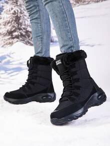 女士秋冬雪地靴，保暖内衬，户外保暖靴，大码加厚冬季鞋，黑色 - 黑色 - 查看 5