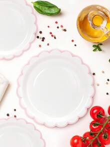 10个/20个/50个装白色和粉色纸盘，7英寸/9英寸，白色纸盘带浅粉色滚边，可爱白色扇形纸盘，一次性餐盘，甜点派对餐盘，适用于圣诞节、迎婴派对、婚礼、新娘派对、性别揭晓派对、生日、情人节派对用品装饰 - 白底粉邊 - 查看 6