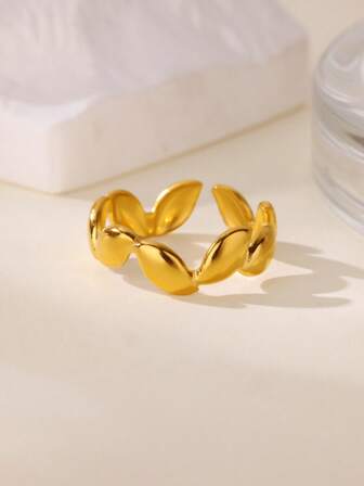 1 PC Fashion Leaf Open Rings For Women Stainless Steel Gold Color Geometric Ring 2025 New Party Wedding Couple Jewelry Gift