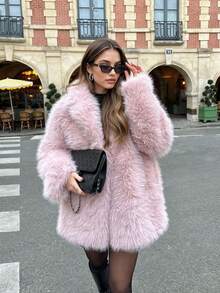 Elegante chaqueta corta de peluche suelta de manga larga con efecto de piel sintética romántica para citas, color rosa para otoño/invierno para mujer - Rosa - Ver 3