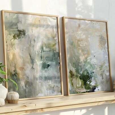 Set Of 2 Neutral Abstract Art Prints, Beige, Cream & Sage Green Wall Poster Decor, Fluid Brushstroke Abstract Poster, Home Decor Living Room, Wall Decor, No Frame
