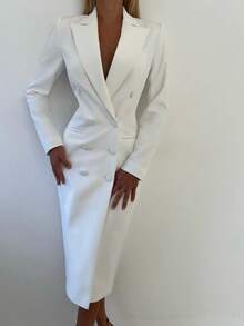 Đầm midi thanh lịch, thắt eo, thích hợp cho công sở, màu trắng, kiểu blazer, mùa xuân. - trắng - Xem 2