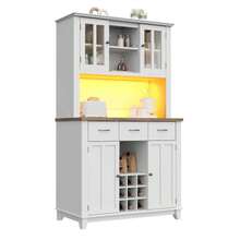 Küchenschrank, Hochschrank Küchenbuffet, Vitrinenschrank, Buffetschrank mit Verstellbaren Ablagen, Sideboard mit LED-Beleuchtung, Buffetschrank(weiße Schublade)