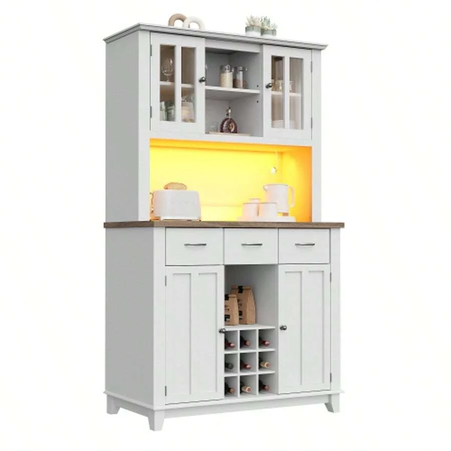 Küchenschrank, Hochschrank Küchenbuffet, Vitrinenschrank, Buffetschrank mit Verstellbaren Ablagen, Sideboard mit LED-Beleuchtung, Buffetschrank(weiße Schublade)