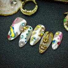10pcs Press On Nails Handmade Acrylic Material Luxury Vintage French Style Gold Abstract Art Design Nude White Beige Color Almond Press On Nail Set 3D Face Sculpture Colorful Dot Details Full Coverage Reusable False Nails Cute Nail Art Suitable For Valentine's Day Gifts Easter Party Daily Wear Art Events - trắng - Xem 8