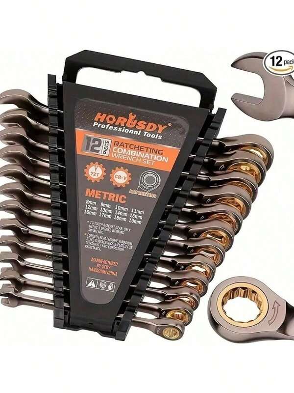 1 Stück Metrisches Ratschenringschlüssel-Set, 8-19mm Ratschenringschlüssel-Kombination mit Organizer, 72 Zähne Chrom-Vanadium-Stahl