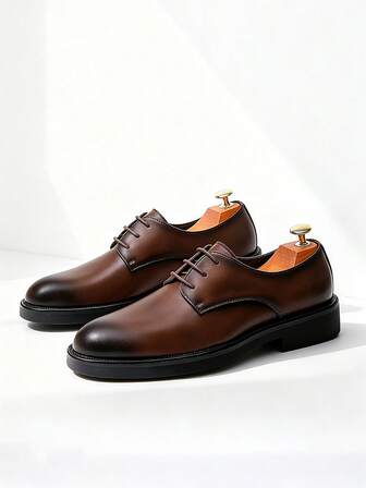 Designer Fashion Business Men's Derby Lace-Up Round Toe Dress Shoes, Elegant Gentleman Style, Affordable High-End Feel, Solid Color Soft Leather Upper, Non-Slip Durable Outsole, Suitable For Daily Casual, Office, Party, Wedding, Graduation, Spring/Autumn, Plus Size