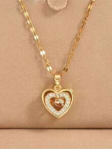 1pc Gold Plated Stainless Steel Chain Cubic Zirconia Inlaid Heart Shaped Pendant Necklace, Fashionable Design, Versatile For Women's Streetwear, Daily Life, Commute, Festival, Party Wear Valentines,Mom,Mother,Mother's Day,Gift - Vàng - Xem 7