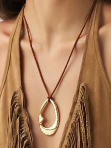 1Pc Bohemian-Style Fashionable Retro Geometric Asymmetrical Pendant Brown Cord Velvet Necklace For Women's Daily Wear & Accessories