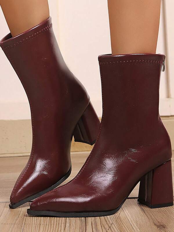 2.5" Heel Brown Ankle Boots For Women, French Style Short Boots With Back Zipper, Elastic Pointed Toe Chunky Heel, Autumn/Winter 2025 New Arrival