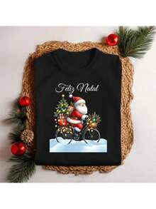 Camiseta Unissex Natal Papai Noel de Bicicleta Personalizada Elegante Tecido Premium Festa de Natal - Preto - Visão 2