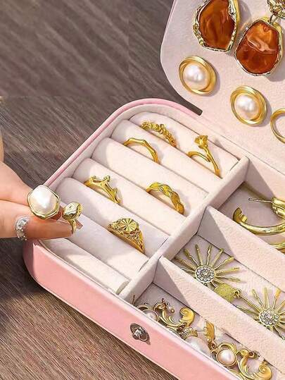 1个便携式旅行首饰盒，女士首饰收纳盒，拉链首饰收纳盒，家用首饰收纳盒，优雅的耳环、首饰、戒指、项链、手镯收纳盒，返校季礼物，难忘的节日礼物，伴娘礼物，旅行必备，双层迷你展示收纳盒，母亲节礼物