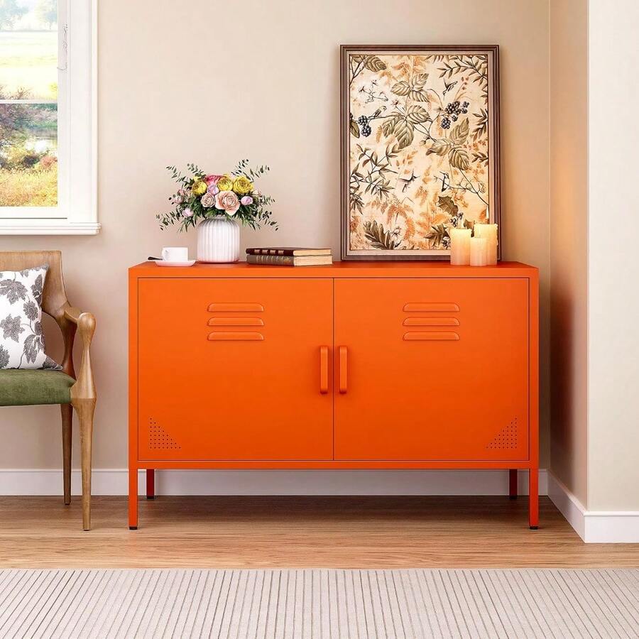 Orange Metal Storage Cabinet With Doors And Shelves,2 Door Wide Metal Locker Accent Storage Cabinet With Leg & Vent Hole,Wide TV Cabinets,Low Side Cupboard For Home,Office,Dining/Living Room - trái cam - Xem 1