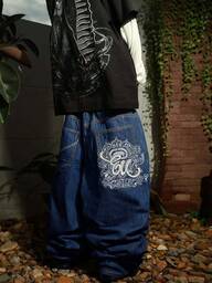 Grunge Goth Y2K Style Men's Casual Embroidered Loose Wide-Leg Jeans, Versatile All-Season, Fashionable Streetwear, Suitable For Work, Commute, Stage Performance, Hangout, Outdoor Wear