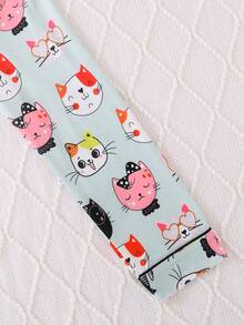 2pcs/Set Girls & Teens Casual Cartoon Cat Print Lapel Long Sleeve Cardigan And Pants Pajama Set, Flame Retardant, All Season