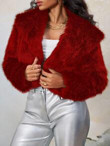 Solid Color Oversized Lapel Open Front Short Faux Fur Coat - Burgundy - View 3