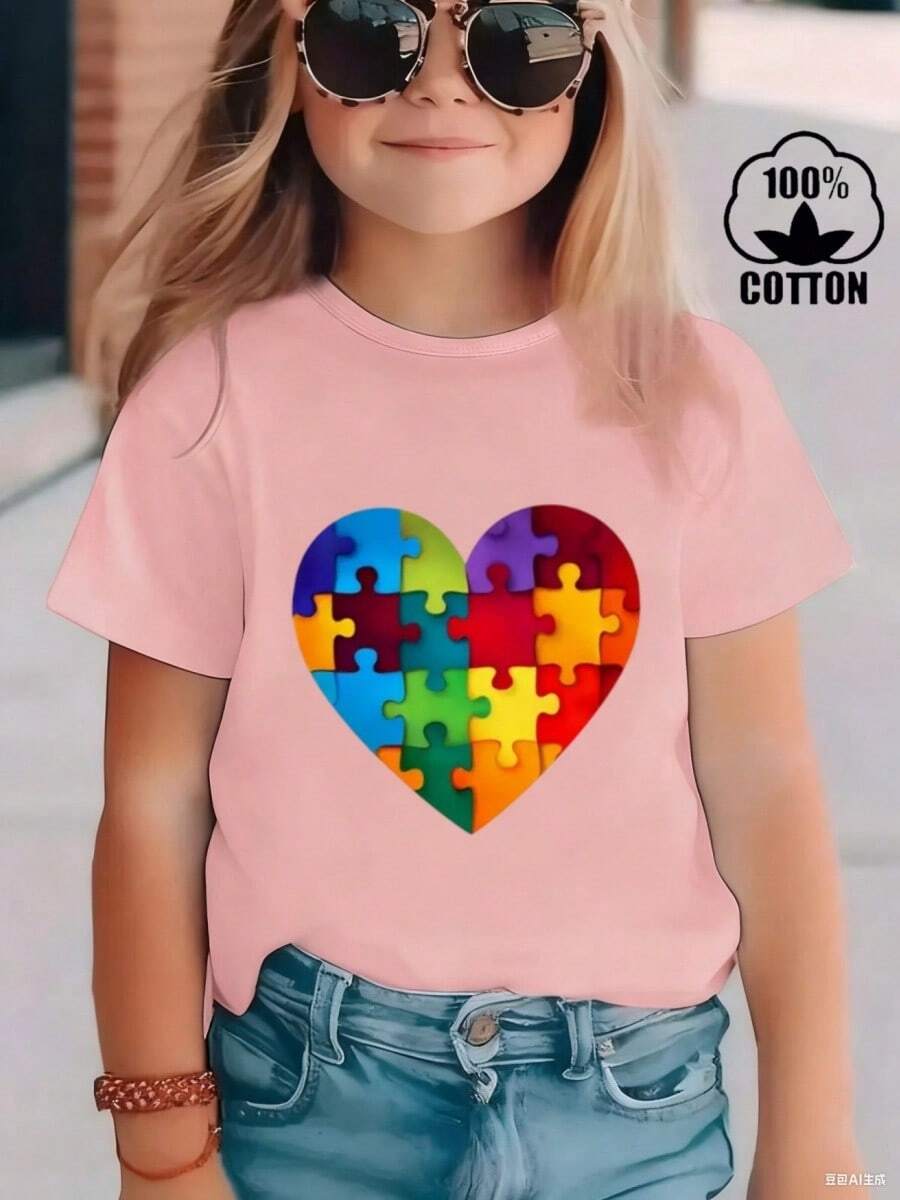 Esta elegante y nueva camiseta de manga corta para niña, 100 % algodón, luce un bonito estampado de corazones. Hecha de tela suave, esta camiseta holgada y versátil es cómoda y agradable al tacto. Ya sea para una reunión familiar, una actividad escolar o para jugar, esta camiseta permite que tu hija se mueva con libertad y comodidad. - Rosa - Ver 1